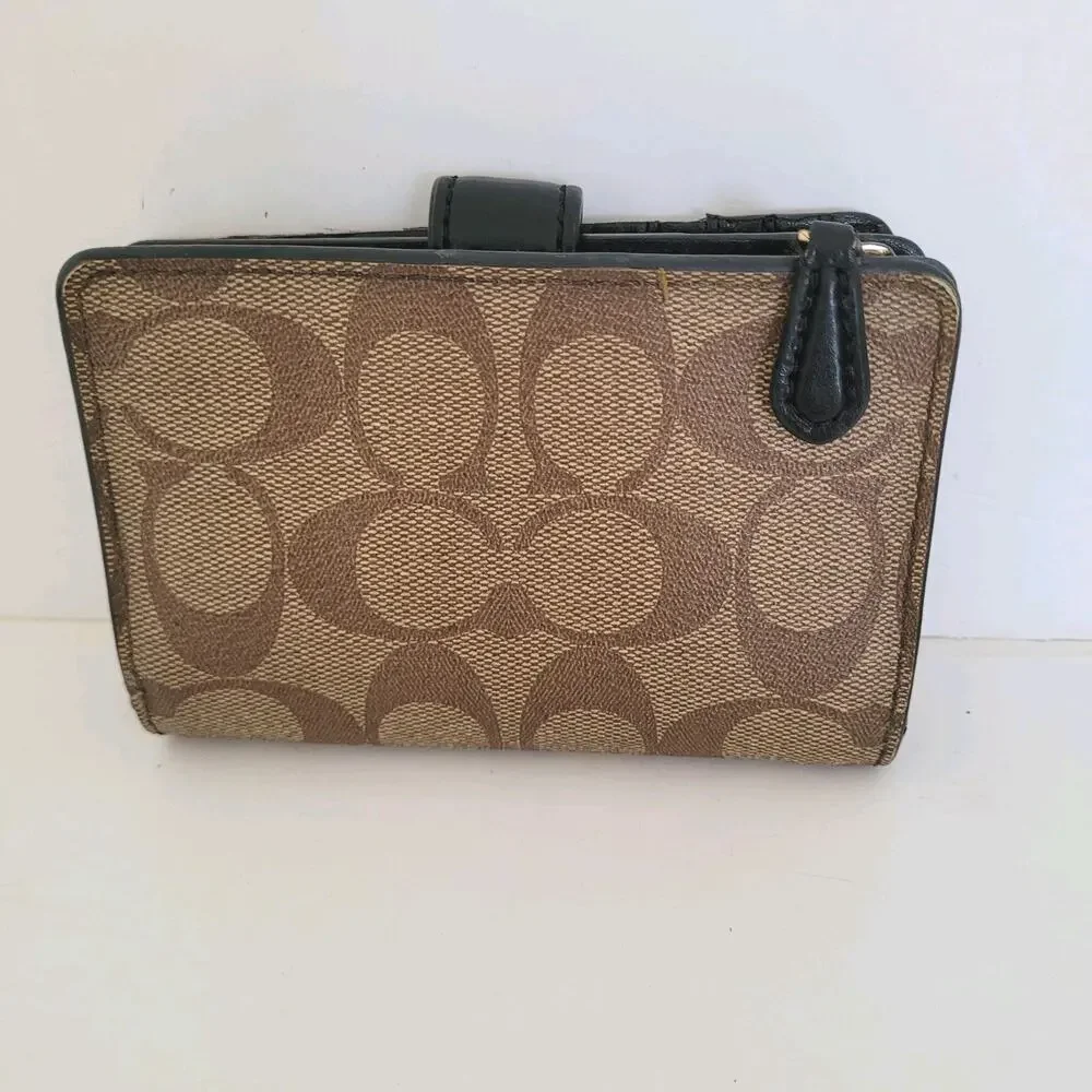 Coach Wallet‎ Crossgrain Leather Monogram Black Tan Medium Bifold Logo Compact